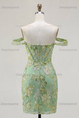 Green Floral Off-the-Shoulder Corset Tight Short Homecoming Dress