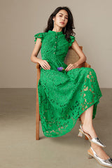 Green High Neck Lace Midi Boho Casual Summer Holiday Dress