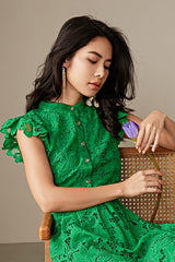 Green High Neck Lace Midi Boho Casual Summer Holiday Dress