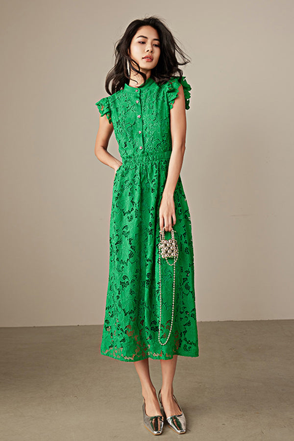 Green High Neck Lace Midi Boho Casual Summer Holiday Dress