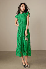 Green High Neck Lace Midi Boho Casual Summer Holiday Dress