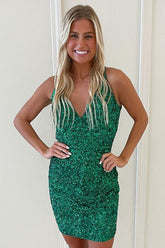 Green Homecoming Dress Backless Spaghetti Straps Tight Short Prom Dress
