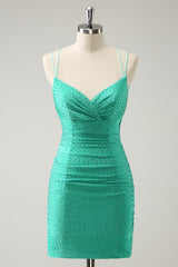 Green Homecoming Dress Beaded Spaghetti Straps Tight Short Cocktail Dresses