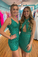 Green Homecoming Dress Open Back Sequin Tight Short Hoco Dress