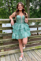 Green Homecoming Dress Sequin Corset Short Prom Dress With Ruffles