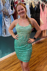 Green Homecoming Dress Sequin Lace-Up Back Tight Prom Dress