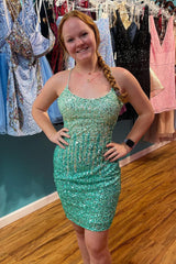 Green Homecoming Dress Sequin Lace-Up Back Tight Prom Dress