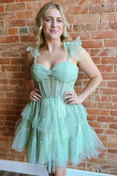 Green Homecoming Dress Spaghetti Straps Corset A-Line Short Prom Dress