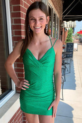 Green Homecoming Dress Spaghetti Straps Prom Dress with Beading