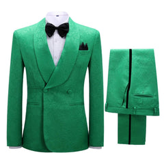 Green Jacquard Double Breasted Shawl Lapel Wedding Suit