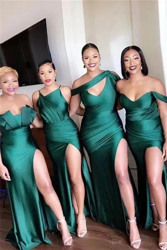 Green Mermaid Bridesmaid Dress Satin Wedding Guest Dress with Slit