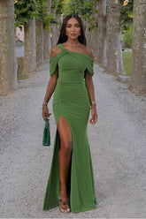 Green Mermaid Prom Dress Asymmetric Neck Satin Formal Dress