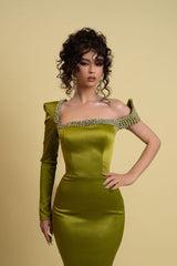 Green Mermaid Prom Dress Long Sleeve Asymmetric Neck Beaded Formal Dress