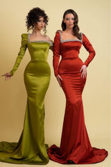 Green Mermaid Prom Dress Long Sleeve Asymmetric Neck Beaded Formal Dress