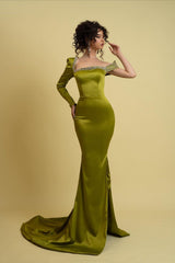 Green Mermaid Prom Dress Long Sleeve Asymmetric Neck Beaded Formal Dress