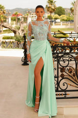 Green Mermaid Prom Dress Long Sleeve Formal Dress With Lace Appliques