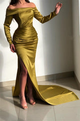 Green Mermaid Prom Dress Long Sleeve Off the Shoulder Satin Formal Dress