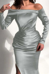 Green Mermaid Prom Dress Long Sleeve Off the Shoulder Satin Formal Dress