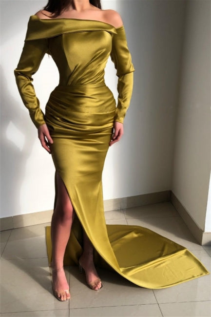 Green Mermaid Prom Dress Long Sleeve Off the Shoulder Satin Formal Dress
