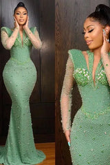 Green Mermaid Prom Dress Long Sleeve Sequined Formal Dress