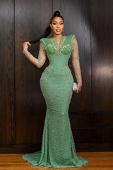 Green Mermaid Prom Dress Long Sleeve Sequined Formal Dress