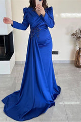 Green Mermaid Prom Dress Long Sleeve V Neck Beaded Formal Dress