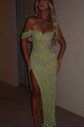 Green Mermaid Prom Dress One Shoulder Sequined Formal Dress