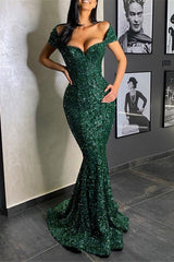 Green Mermaid Prom Dress Sequined Off the Shoulder Formal Dress