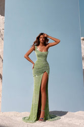 Green Mermaid Prom Dress Sequined One Shoulder Formal Dress