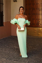 Green Mermaid Prom Dress Short Sleeve Strapless Satin Formal Dress