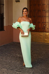 Green Mermaid Prom Dress Short Sleeve Strapless Satin Formal Dress