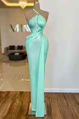 Green Mermaid Prom Dress Sleeveless Halter Neck Beaded Formal Dress