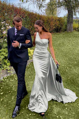 Green Mermaid Prom Dress Sleeveless One Shoulder Satin Formal Dress