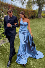 Green Mermaid Prom Dress Sleeveless One Shoulder Satin Formal Dress