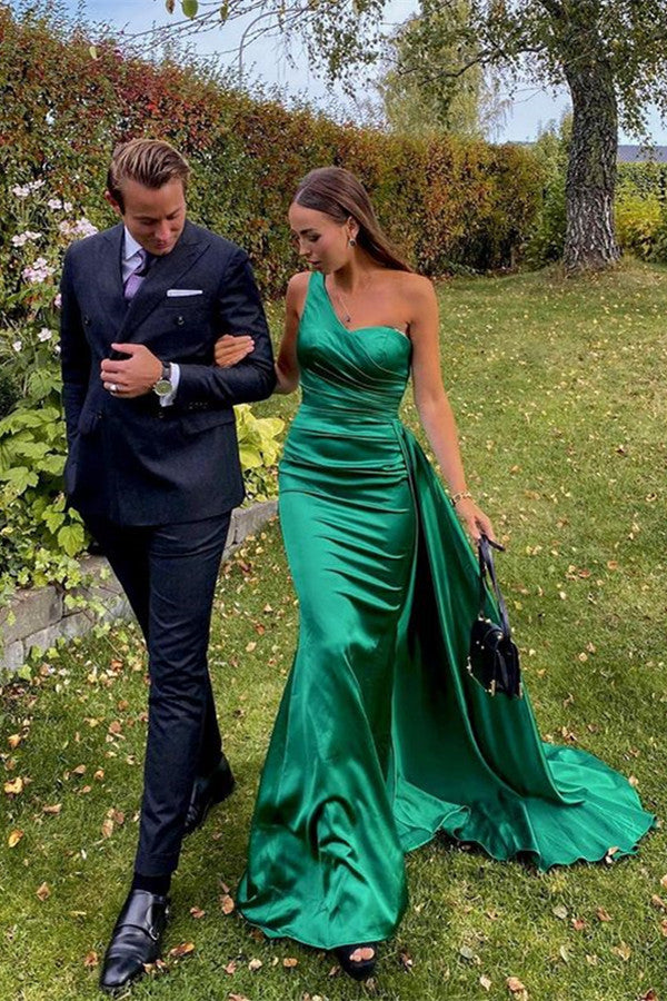 Green Mermaid Prom Dress Sleeveless One Shoulder Satin Formal Dress