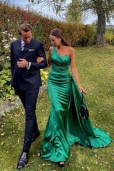 Green Mermaid Prom Dress Sleeveless One Shoulder Satin Formal Dress
