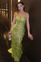 Green Mermaid Prom Dress Sleeveless Scoop Neck Sequined Formal Dress