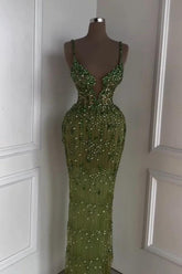 Green Mermaid Prom Dress Sleeveless Spaghetti Straps Beaded Formal Dress