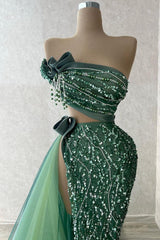 Green Mermaid Prom Dress Strapless Beaded Formal Dress