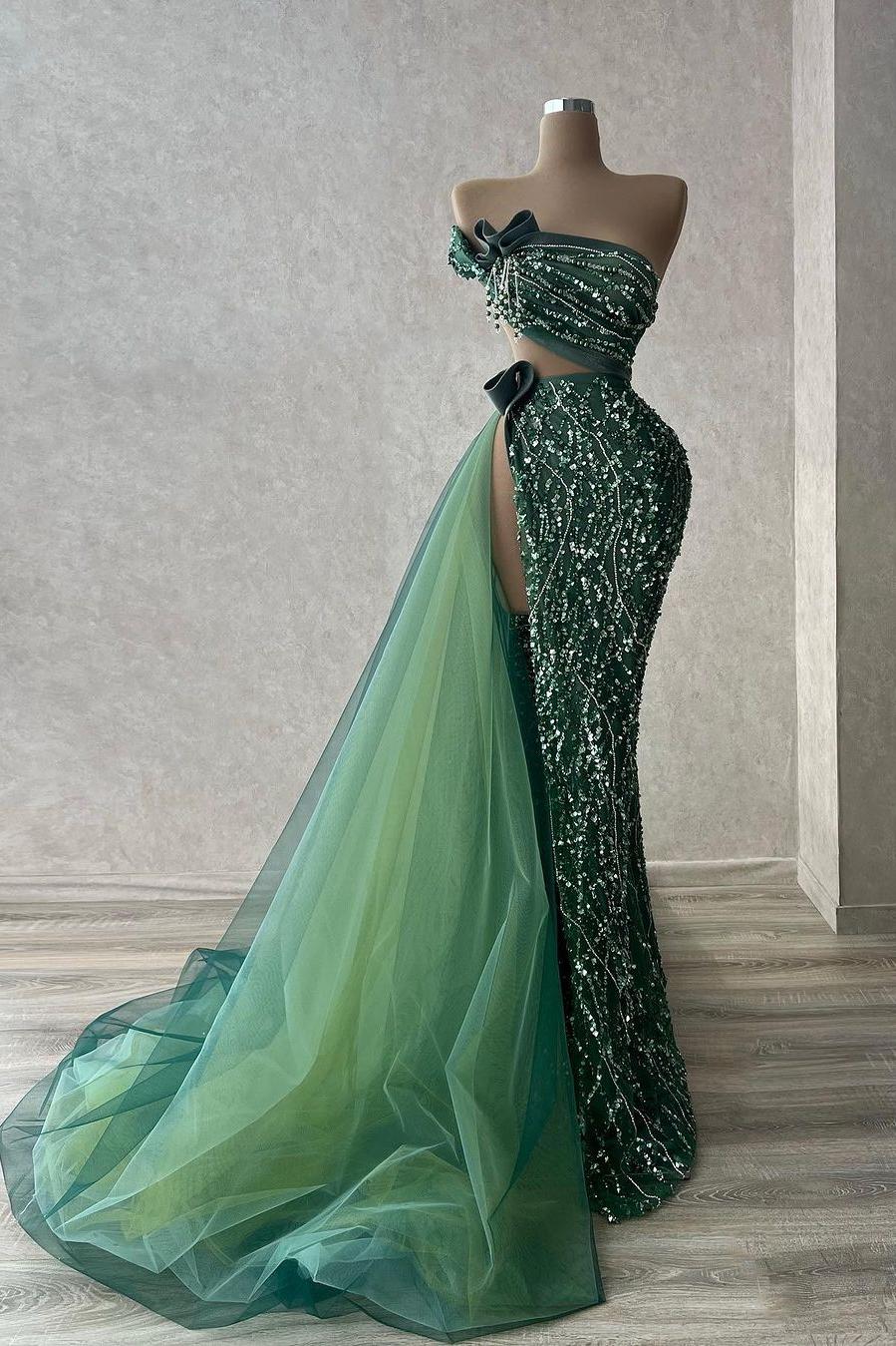 Green Mermaid Prom Dress Strapless Beaded Formal Dress