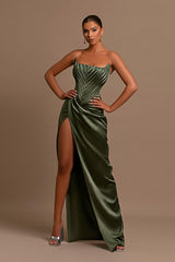 Green Mermaid Prom Dress Strapless Satin Formal Dress