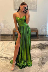 Green Metallic Sweetheart Long Prom Dress with Slit