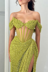 Green Off Shoulder Corset Sequin Prom Dress With High Slit Formal Evening Gown