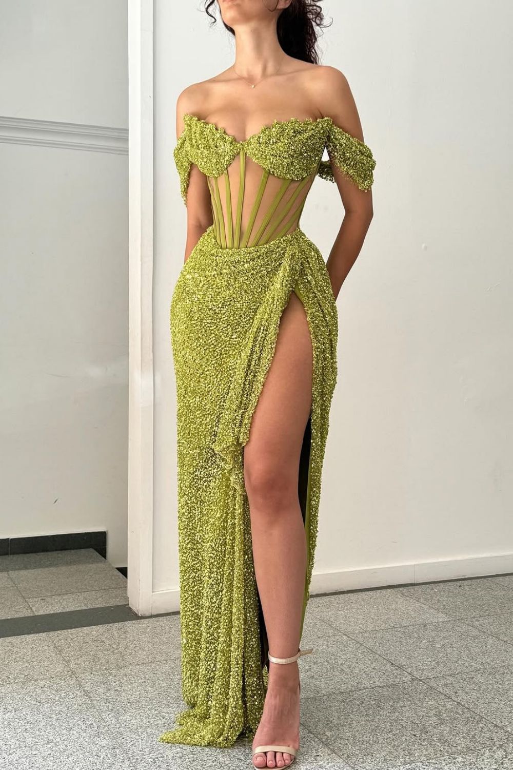 Green Off Shoulder Corset Sequin Prom Dress With High Slit Formal Evening Gown