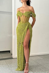 Green Off Shoulder Corset Sequin Prom Dress With High Slit Formal Evening Gown