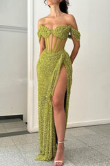 Green Off Shoulder Corset Sequin Prom Dress With High Slit Formal Evening Gown