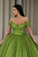Green Off The Shoulder Ball Gown Evening Dress with Sequins