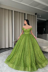 Green Off The Shoulder Ball Gown Evening Dress with Sequins