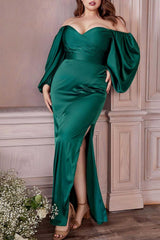 Green Plus Size Wedding Guest Dress Off the Shoulder Long Sleeves Formal Dress