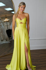 Green Prom Dress A Line Spaghetti Straps Evening Dress with Slit